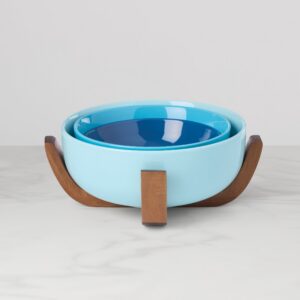 Turquoise Nesting Bowl Set with Wood Stand - 3 Piece