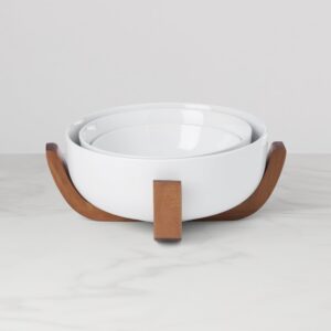 White Nesting Bowl Set with Wood Stand - 3 Piece