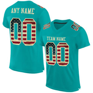 Custom Aqua Vintage USA Flag-City Cream Mesh Authentic Football Jersey