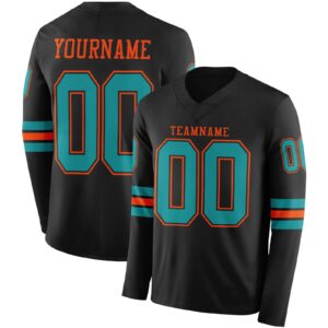 Custom Black Teal-Orange Long Sleeve Authentic Football Jersey