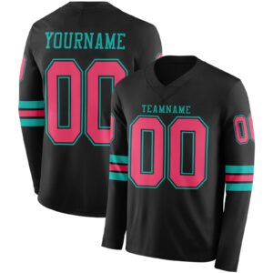 Custom Black Neon Pink-Aqua Long Sleeve Authentic Football Jersey