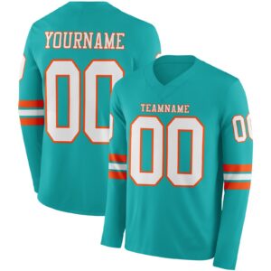 Custom Aqua White-Orange Long Sleeve Authentic Football Jersey