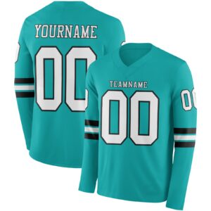 Custom Aqua White-Black Long Sleeve Authentic Football Jersey